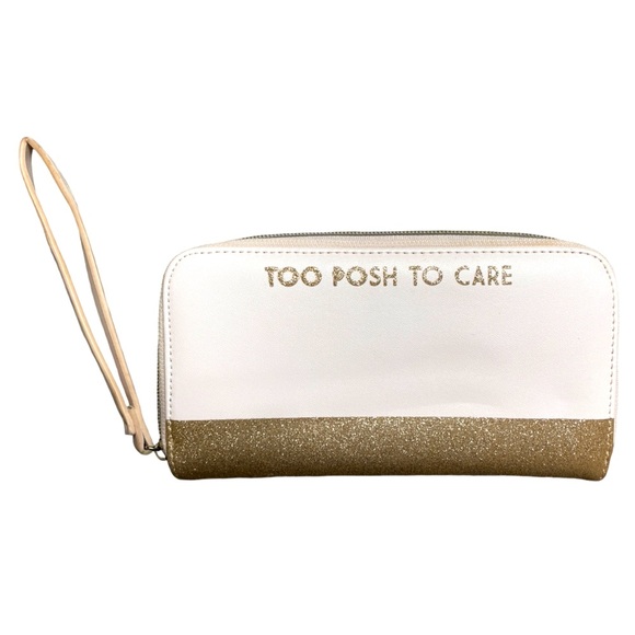 "Too Posh To Care" Gold Glitter Zip Around Wallet, Wristlet, Clutch - Picture 1 of 5